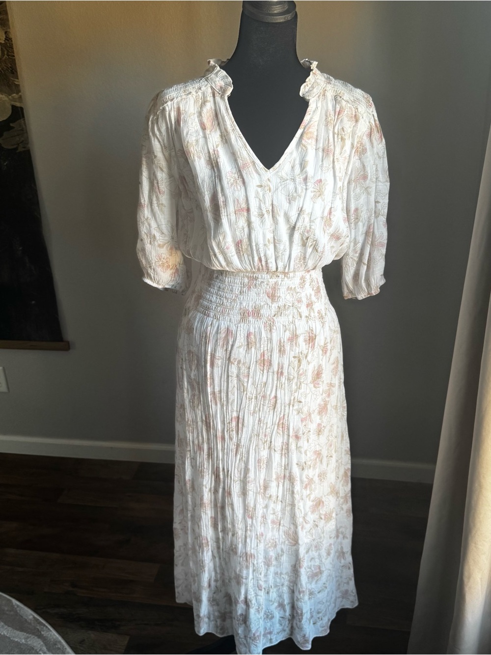 Smocked-Waist White Floral V-Neck Maxi Dress